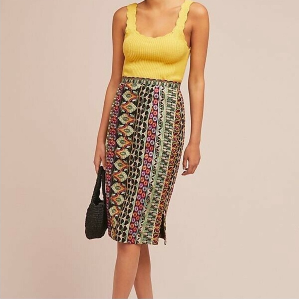 Anthropologie Multicolor Patterned Pencil Skirt with Yellow Accent